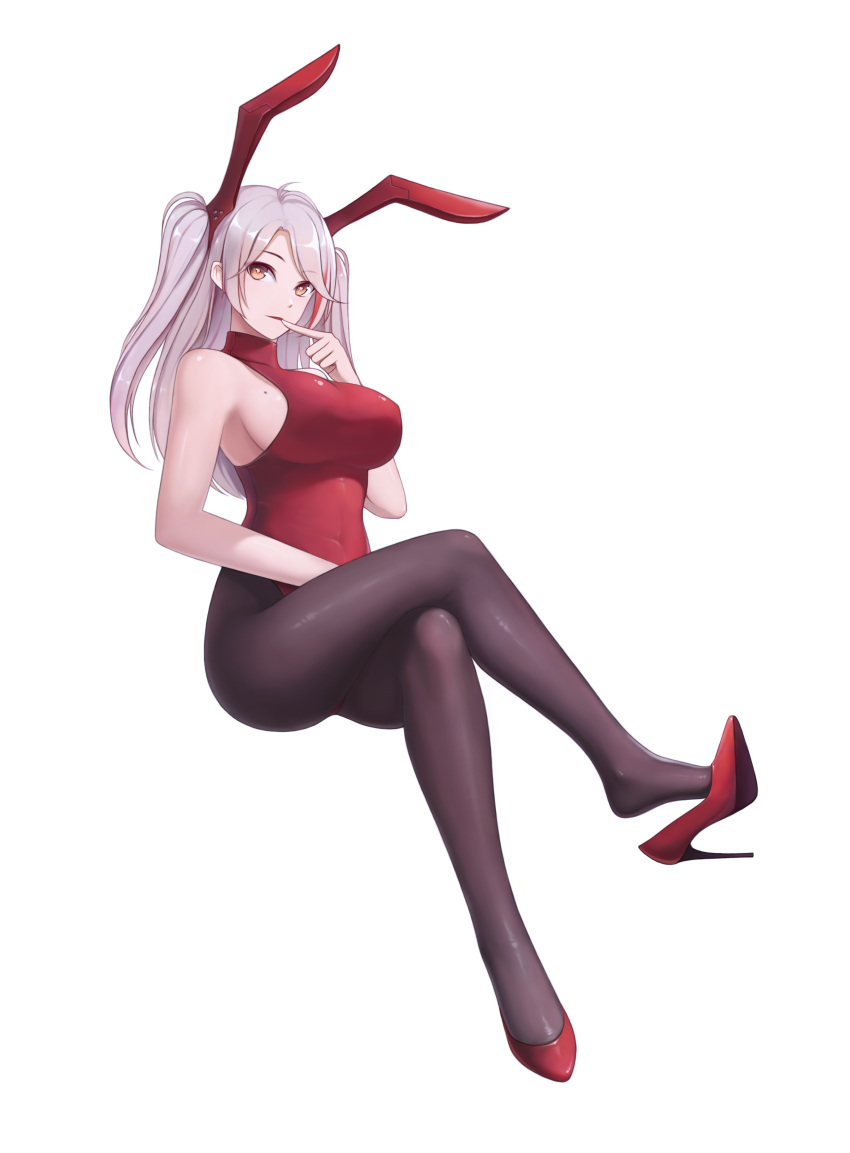 1girl absurdres alternate_costume animal_ears armpits azur_lane black_legwear breasts bunny_ears bunnysuit covered_navel eyebrows_visible_through_hair finger_to_mouth full_body hc_(user_tem2272) high_heels highres invisible_chair large_breasts legs_crossed long_hair looking_at_viewer mole mole_on_breast multicolored_hair orange_eyes pantyhose prinz_eugen_(azur_lane) pumps red_footwear red_hair shoes sideboob silver_hair simple_background sitting sleeveless solo stiletto_heels twintails two-tone_hair white_background