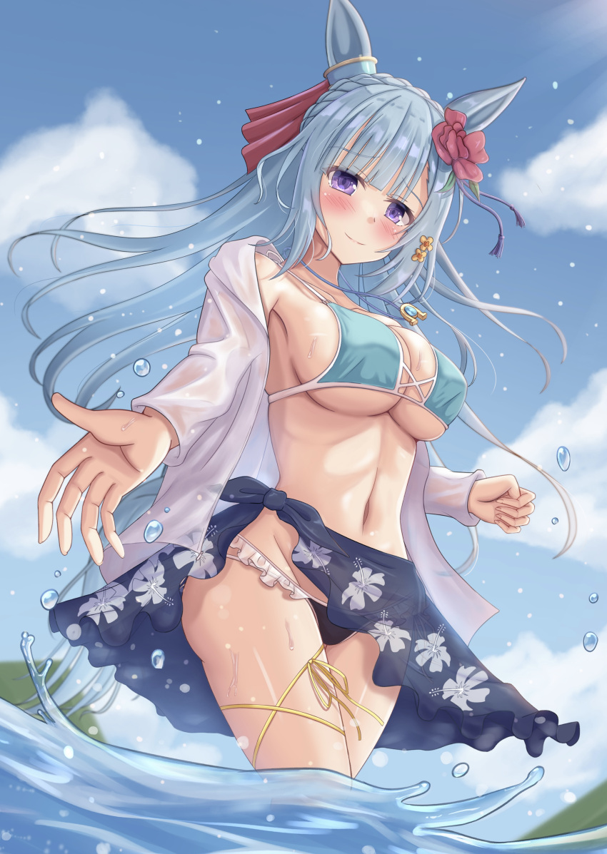 1girl absurdres alternate_costume animal_ears bikini blue_bikini blue_hair blue_sky blush braid breasts cleavage cloud cloudy_sky commentary_request crown_braid ear_ornament highres hood hoodie horse_ears horse_girl horse_tail horseshoe_necklace jewelry large_breasts light_blue_hair long_sleeves looking_at_viewer mejiro_ardan_(umamusume) necklace ocean open_clothes open_hoodie outdoors partially_submerged purple_eyes rio_(lio_yuzu) sarong sky solo swimsuit tail thigh_strap umamusume water white_hoodie