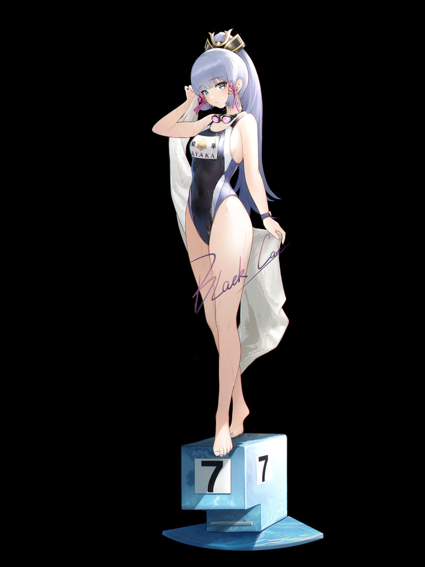 1girl alternate_costume aqua_nails artist_name barefoot black_background blackcat_enjia blue_hair blunt_bangs blunt_tresses blush breasts clothes_writing commentary competition_swimsuit crossed_legs feet figure_stand full_body genshin_impact goggles goggles_around_neck hair_ornament hair_ribbon high_ponytail highleg highleg_swimsuit highres holding holding_towel kamisato_ayaka legs long_hair looking_at_viewer medium_breasts mole mole_under_eye nail_polish name_tag one-piece_swimsuit parted_lips ribbon school_swimsuit sideboob sidelocks signature simple_background solo standing swimsuit thighs toenail_polish toenails toes towel tress_ribbon watch water_drop wet white_towel wristwatch
