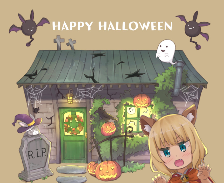 1girl :3 animal_ear_fluff animal_ears aqua_eyes bat_wings bird blonde_hair blunt_bangs bow brown_background bug chimney claw_pose commentary_request crack crow door fang ghost gochuumon_wa_usagi_desu_ka? halloween happy_halloween hat house jack-o'-lantern kirima_syaro lantern looking_at_viewer mohei open_mouth overgrown purple_headwear rabbit red_bow scar short_hair silk simple_background solo spider spider_web thatched_roof tombstone wavy_hair wild_geese window wings witch_hat wolf_ears wreath