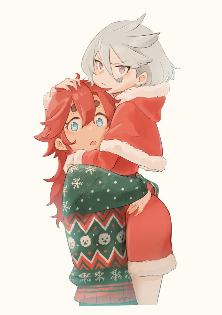 2girls absurdres annoyed blue_eyes capelet christmas christmas_sweater closed_mouth cool_(gundam_suisei_no_majo) dress fur_trim grey_hair gundam gundam_suisei_no_majo hair_between_eyes hair_down hand_on_another's_head highres holding hots_(gundam_suisei_no_majo) hug jewelry long_sleeves miorine_rembran multiple_girls official_alternate_hair_length official_alternate_hairstyle open_mouth pink_eyes purple_eyes red_dress red_hair ring short_dress short_hair signature simple_background suletta_mercury yaco_(085) yuri