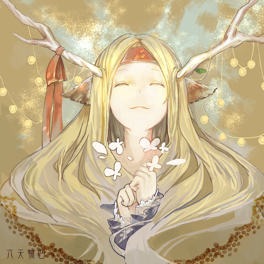 absurdres animal_ears antlers blonde_hair bug butterfly closed_eyes headband highres horn insect long_hair nibanmachi_wakai original smile solo upper_body