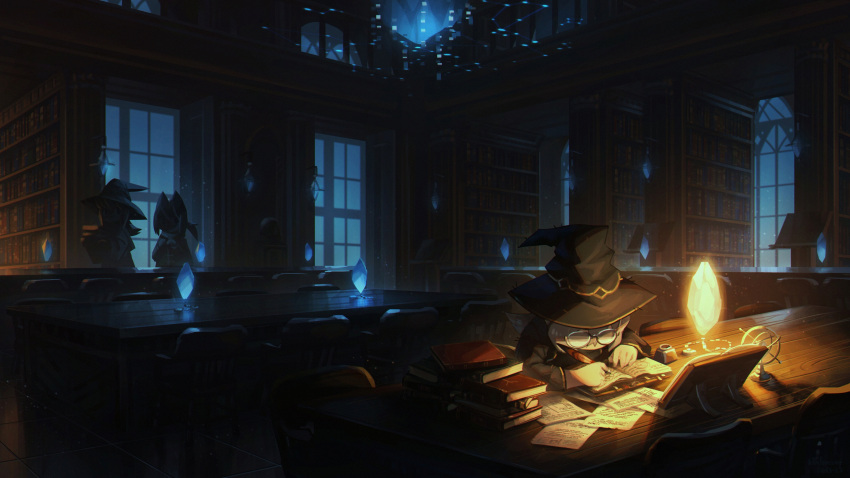 3girls absurdres animal_ears black_hair blonde_hair book bookshelf chair crystal glasses hat highres holding holding_book holding_quill hunched_over library multiple_girls original porforever quill studying table white_hair window wizard_hat writing