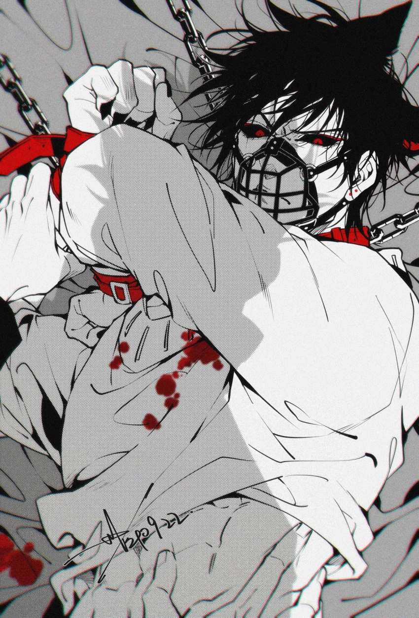 1boy 1other abs animal_collar animal_ears arm_grab bed_sheet black_nails black_sclera blood blood_on_clothes bound bound_wrists chain closed_mouth clothes_lift collar colored_sclera dated disembodied_limb earrings fingernails frown fushiguro_touji grey_background highres jewelry jujutsu_kaisen kemonomimi_mode lifted_by_another long_sleeves looking_at_viewer lying midriff muzzle on_back on_bed red_collar red_eyes sashiyu sharp_fingernails shirt_lift short_hair signature solo_focus spot_color sweater toned toned_male upper_body wolf_boy wolf_ears