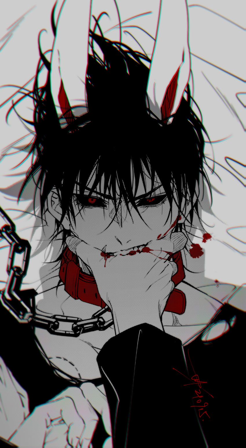 1boy 1other animal_collar animal_ears bed_sheet bite_mark bite_mark_on_chest biting biting_another's_hand black_sclera blood blood_on_hands chain chain_leash collar colored_sclera dated disembodied_limb fushiguro_touji grey_background hand_in_another's_mouth highres jujutsu_kaisen leash long_sleeves looking_at_viewer lying on_back on_bed rabbit_ears red_collar red_eyes sashiyu shirt short_hair signature solo_focus spot_color torn_clothes torn_shirt upper_body