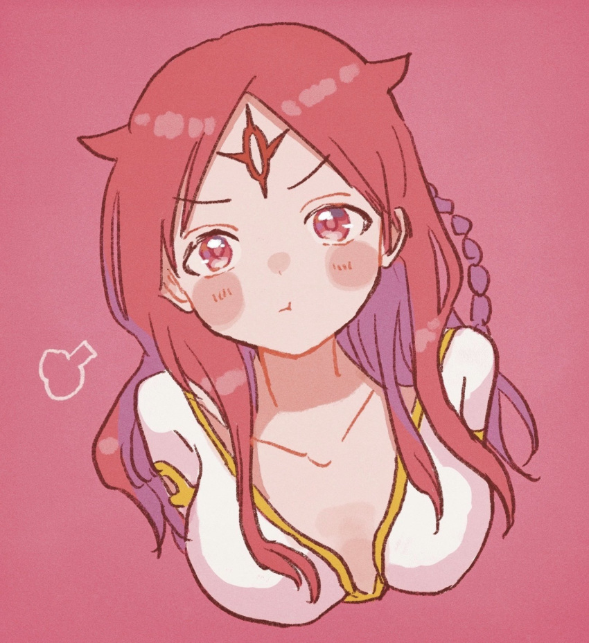 1girl :t anam95 blush braid breasts closed_mouth cropped_torso facial_mark forehead_mark highres horn-shaped_hair long_hair looking_at_viewer magi_the_labyrinth_of_magic pout puff_of_air red_background red_eyes red_hair red_theme sheba_(magi) side_braid simple_background solo