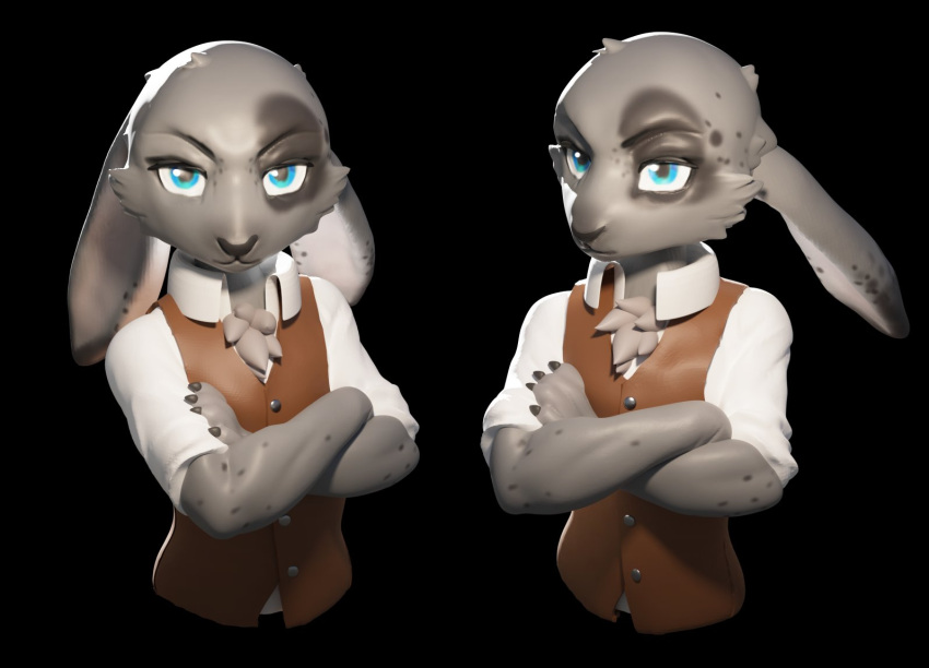 3d_(artwork) anthro blue_eyes chest_tuft claws clothing collared_shirt crossed_arms digital_media_(artwork) dragoon343 dress_shirt edwin_(ewinatwork) eye_spots finger_claws floppy_ears formal_wear fur grey_body grey_fur lagomorph leporid looking_at_viewer lop_ears male mammal rabbit shirt solo spots topwear tuft vest waist_up