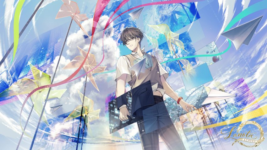 1boy animal balloon bird black_jacket black_pants blue_sky briefcase brown_eyes brown_hair building character_request clip_studio_paint_(medium) cloud cloudy_sky collared_shirt commentary_request day dress_shirt ferris_wheel fingernails hair_between_eyes jacket jh lanota male_focus navel official_art pants paper_airplane parted_lips pinwheel shirt sky solo standing suit sweater_vest white_shirt