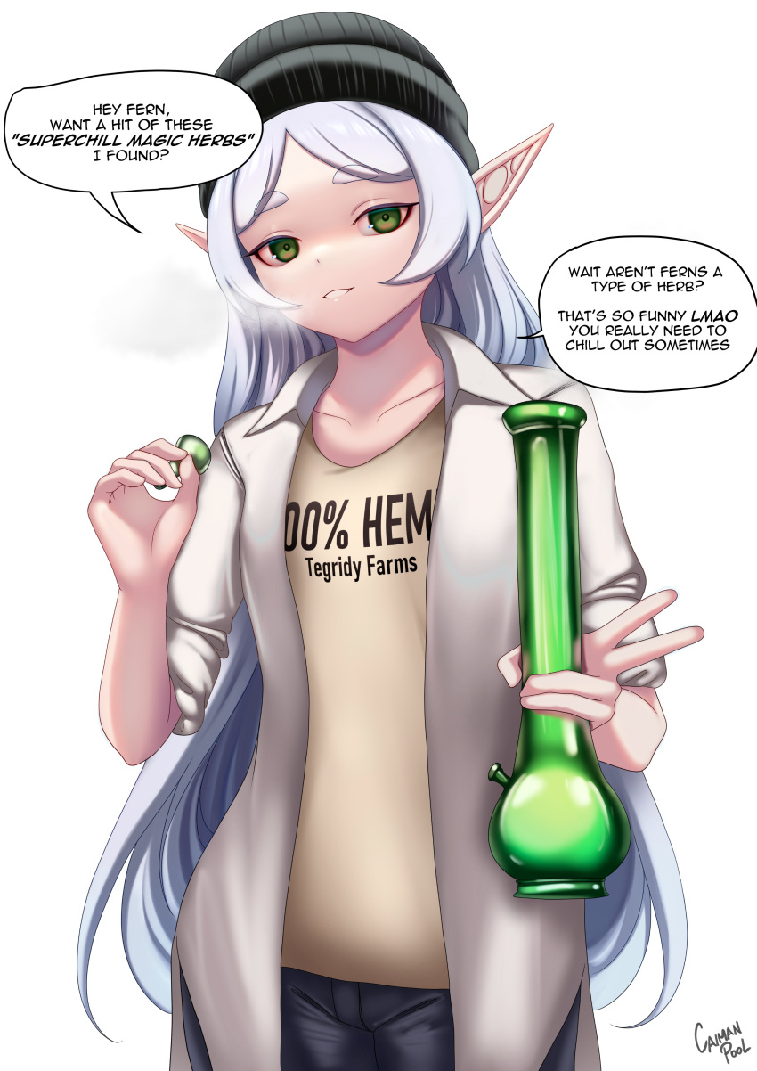 1girl absurdres beanie black_pants bloodshot_eyes bong brown_shirt caiman_pool commentary contemporary english_text frieren hat highres holding_bong pants pointy_ears shirt smile smoke solo sousou_no_frieren stoned thick_eyebrows upper_body v white_hair
