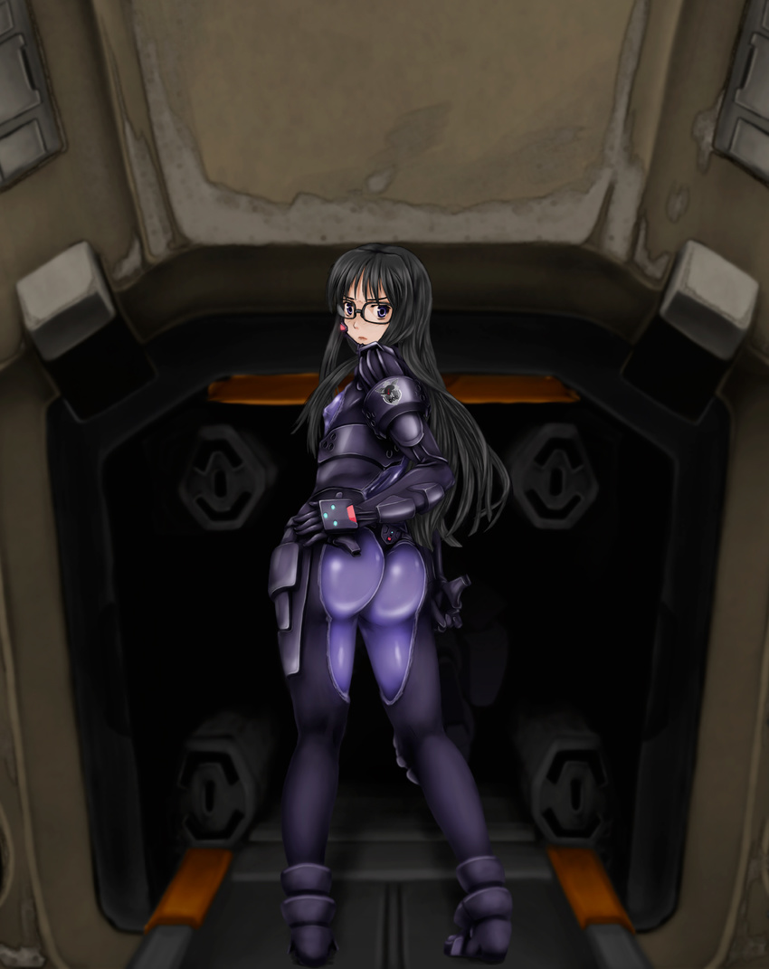 ass black_hair blue_eyes blush bodysuit cockpit covered_nipples flat_chest glasses gretel_jeckeln hands_on_hips highres long_hair mecha muvluv pilot_suit scharfschutze schwarzesmarken skin_tight solo