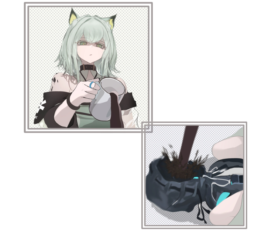 1girl 1other animal_ear_fluff animal_ears arknights bare_shoulders black_jacket closed_mouth cup doctor_(arknights) dress green_dress green_eyes grey_hair hair_between_eyes highres holding holding_cup hood hood_up hooded_jacket jacket kal'tsit_(arknights) lying mebe_(teadia_violet) mug off-shoulder_jacket off_shoulder on_back pouring see-through shaded_face shirt white_shirt