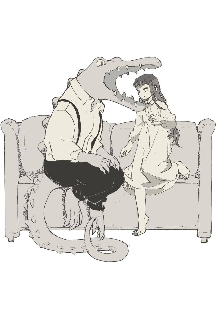 1boy 1girl animal barefoot black_pants closed_mouth clothed_animal commentary_request conical_teeth couch croco_zigmond crocodile crocodilian curled_tail dress dress_shirt from_side full_body greyscale hashtag_only_commentary highres indoors long_hair looking_at_another monochrome open_mouth original pants peter_pan_collar philia_ell sharp_teeth shirt short_bangs simple_background slit_pupils suspenders teeth tono_(rt0no) white_background white_dress