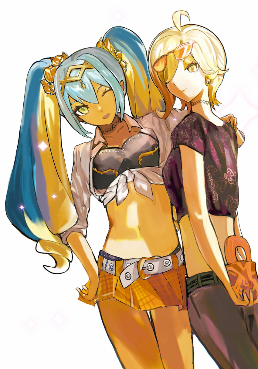 2girls arms_behind_back belt blonde_hair blue_hair celeb_rose_iinfluencers crop_top duel_monster fanconi highres midriff miniskirt multicolored_hair multiple_girls one_eye_closed pants shirt skirt stomach sunglasses tied_shirt twintails yellow_eyes yu-gi-oh! yu-gi-oh!_rush_duel