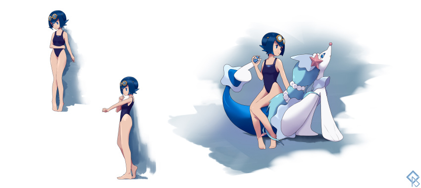 1girl absurdres barefoot blue_eyes blue_hair breasts bright_pupils closed_mouth commentary_request ddddvqs full_body goggles goggles_on_head highres incredibly_absurdres lana_(pokemon) looking_at_viewer looking_to_the_side multiple_views one-piece_swimsuit pokemon pokemon_(anime) pokemon_sm_(anime) primarina short_hair sitting swimsuit toes