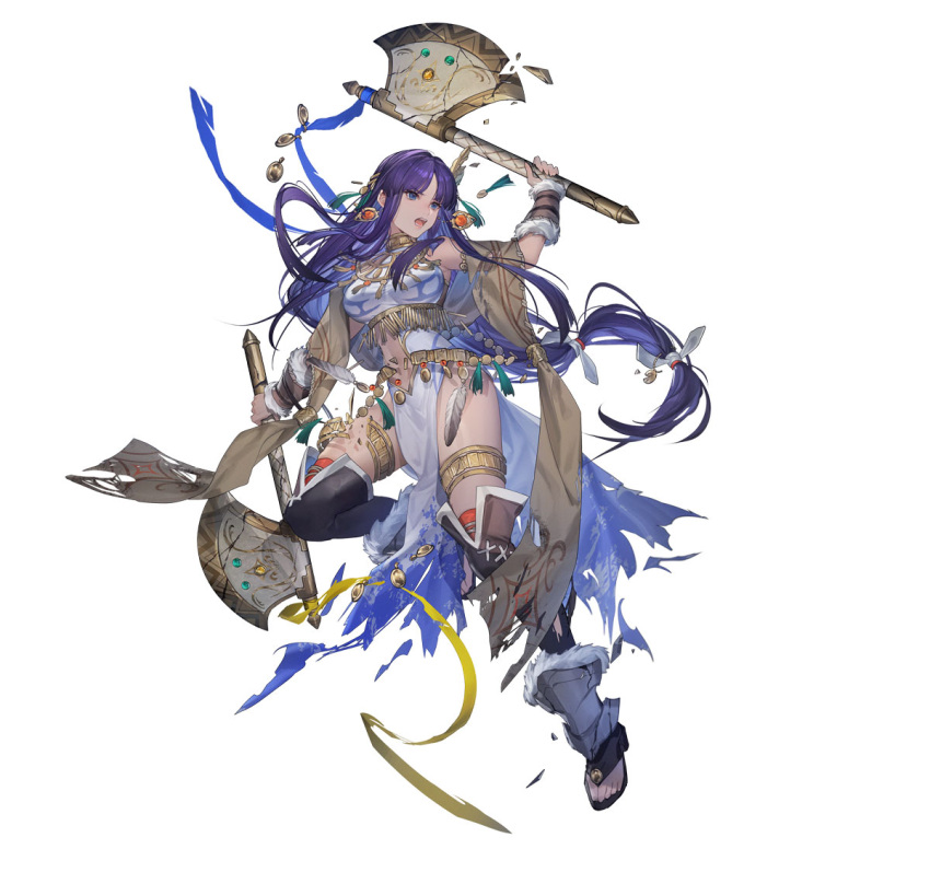 1girl akka altina_(fire_emblem) altina_(unrivaled_dawn)_(fire_emblem) axe bare_shoulders breasts chipped_axe clothing_cutout damaged dual_wielding earrings fire_emblem fire_emblem:_radiant_dawn full_body hair_tie holding holding_axe jewelry large_breasts long_hair navel navel_cutout official_alternate_costume official_art open_mouth pelvic_curtain purple_eyes purple_hair smile solo torn_clothes very_long_hair