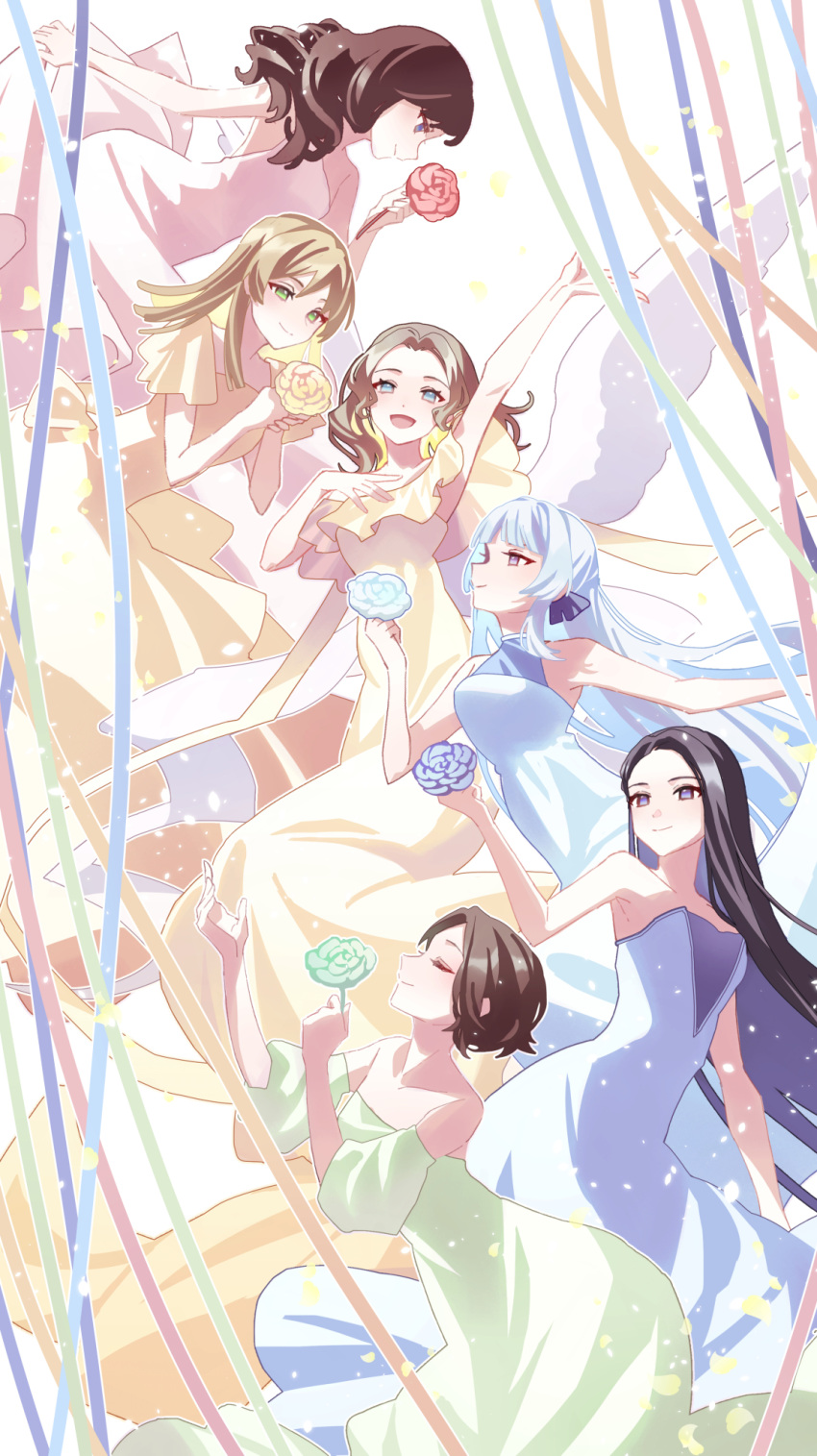 6+girls :d arm_at_side arm_up bare_arms bare_shoulders black_hair black_ribbon blonde_hair blue_dress blue_eyes blue_flower blue_ribbon blue_rose blunt_bangs blunt_ends breasts brown_hair closed_eyes closed_mouth commentary daiba_nana detached_sleeves dress falling_petals flower forehead frilled_dress frills green_dress green_eyes green_flower green_ribbon green_rose grey_hair hair_down hair_over_shoulder hair_ribbon halter_dress halterneck hand_on_own_chest hand_up hands_up highres holding holding_flower honami_hisame light_particles long_hair looking_ahead looking_at_another looking_down looking_up medium_breasts midair minase_suzu multiple_girls off-shoulder_dress off_shoulder open_mouth orange_ribbon outstretched_arm parted_bangs petals profile puffy_detached_sleeves puffy_short_sleeves puffy_sleeves purple_eyes purple_ribbon red_flower red_ribbon red_rose ribbon rose short_hair short_sleeves shoujo_kageki_revue_starlight skirt_hold sleeveless sleeveless_dress smile strapless strapless_dress tareko very_long_hair wavy_hair white_background white_dress white_flower white_rose white_wings wings yakumo_kyouko yanagi_koharu yellow_dress yellow_flower yellow_rose yukishiro_akira