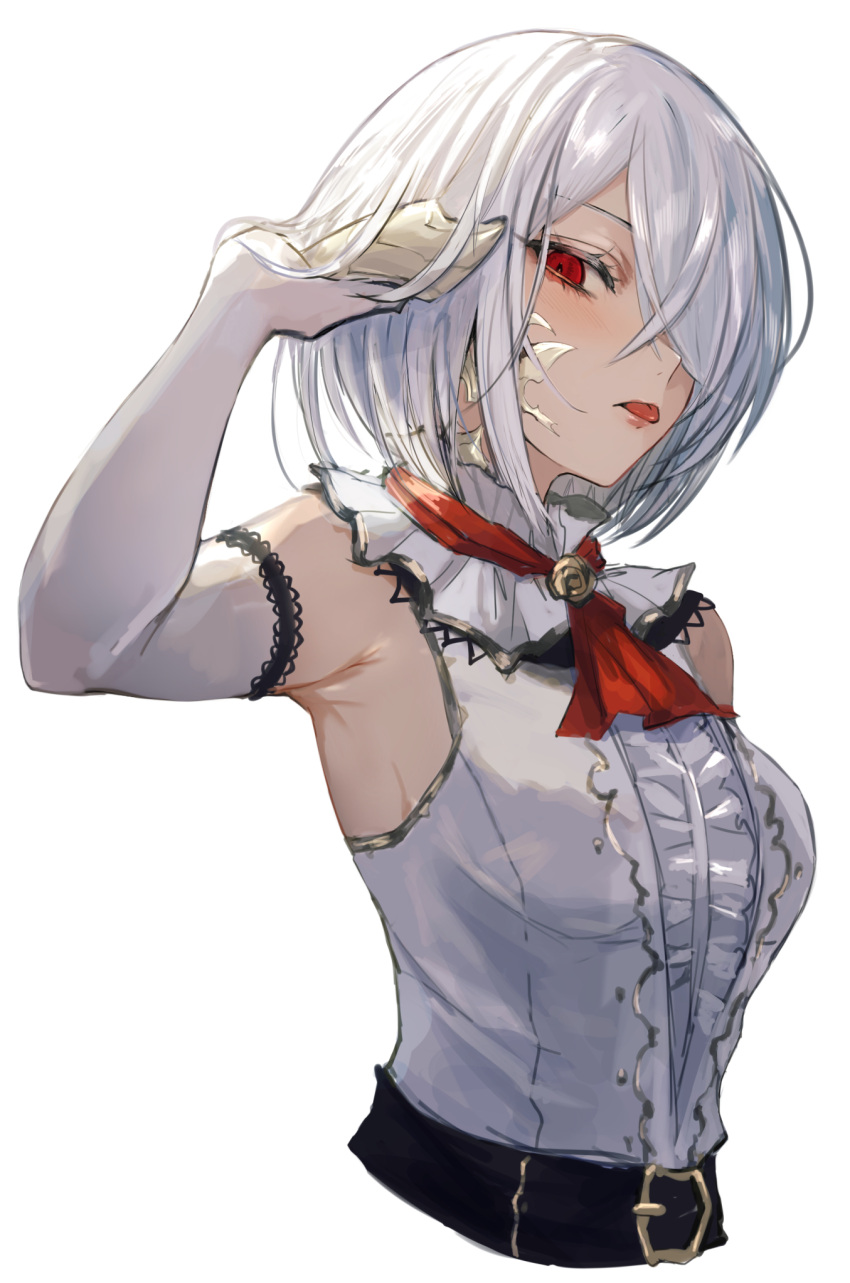 1girl :p armpit_crease ascot au_ra bare_shoulders belt center_frills choker cropped_torso dragon_horns elbow_gloves final_fantasy final_fantasy_xiv frilled_choker frills from_side gloves hair_over_one_eye hand_in_own_hair highres horns lace-trimmed_gloves lace_trim maho_moco one_eye_covered red_ascot red_eyes scales shirt short_hair simple_background sleeveless sleeveless_shirt solo swept_bangs tongue tongue_out upper_body warrior_of_light_(ff14) white_background white_gloves white_hair white_shirt