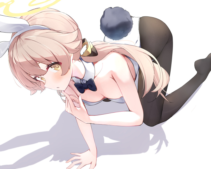 1girl alternate_costume animal_ears ass black_pantyhose blonde_hair blue_archive blue_bow blue_bowtie blush bow bowtie breasts collar commentary detached_collar fake_animal_ears halo hifumi_(blue_archive) highres leaning_forward leotard looking_at_viewer low_twintails open_mouth pantyhose playboy_bunny rabbit_ears shadow simple_background small_breasts soles solo strapless strapless_leotard twintails white_background white_collar white_leotard wing_hair_ornament yamada_auto yellow_eyes yellow_halo