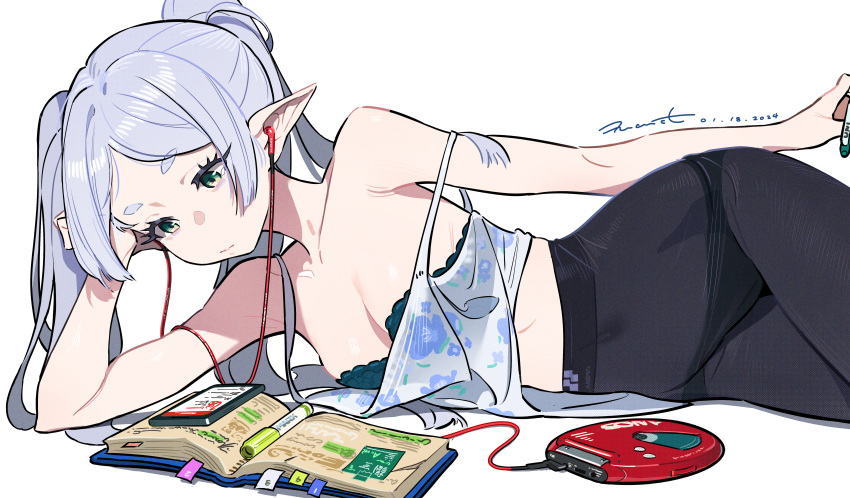 1girl absurdres black_pantyhose book bra bra_peek breasts camisole cd_player cellphone closed_mouth earphones frieren green_eyes grey_hair highres long_hair lying marker on_side open_book panties panties_under_pantyhose pantyhose phone pointy_ears simple_background small_breasts smartphone solo sousou_no_frieren strap_slip thick_eyebrows tizibade twintails underwear white_background