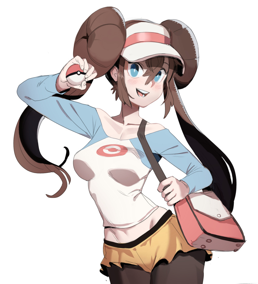 bag breasts brown_hair brown_pantyhose collarbone double_bun hair_bun highres holding holding_poke_ball long_sleeves looking_at_viewer medium_breasts open_mouth pantyhose poke_ball pokemon pokemon_bw2 rosa_(pokemon) sho-n-d shoulder_bag simple_background skirt smile solo standing teeth tongue twintails visor_cap white_background yellow_skirt