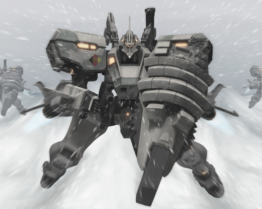 germany gun highres mecha mig-21_balalaika_(muvluv) motion_blur muvluv muvluv_alternative no_humans realistic scharfschutze schwarzesmarken science_fiction shield snow storm weapon