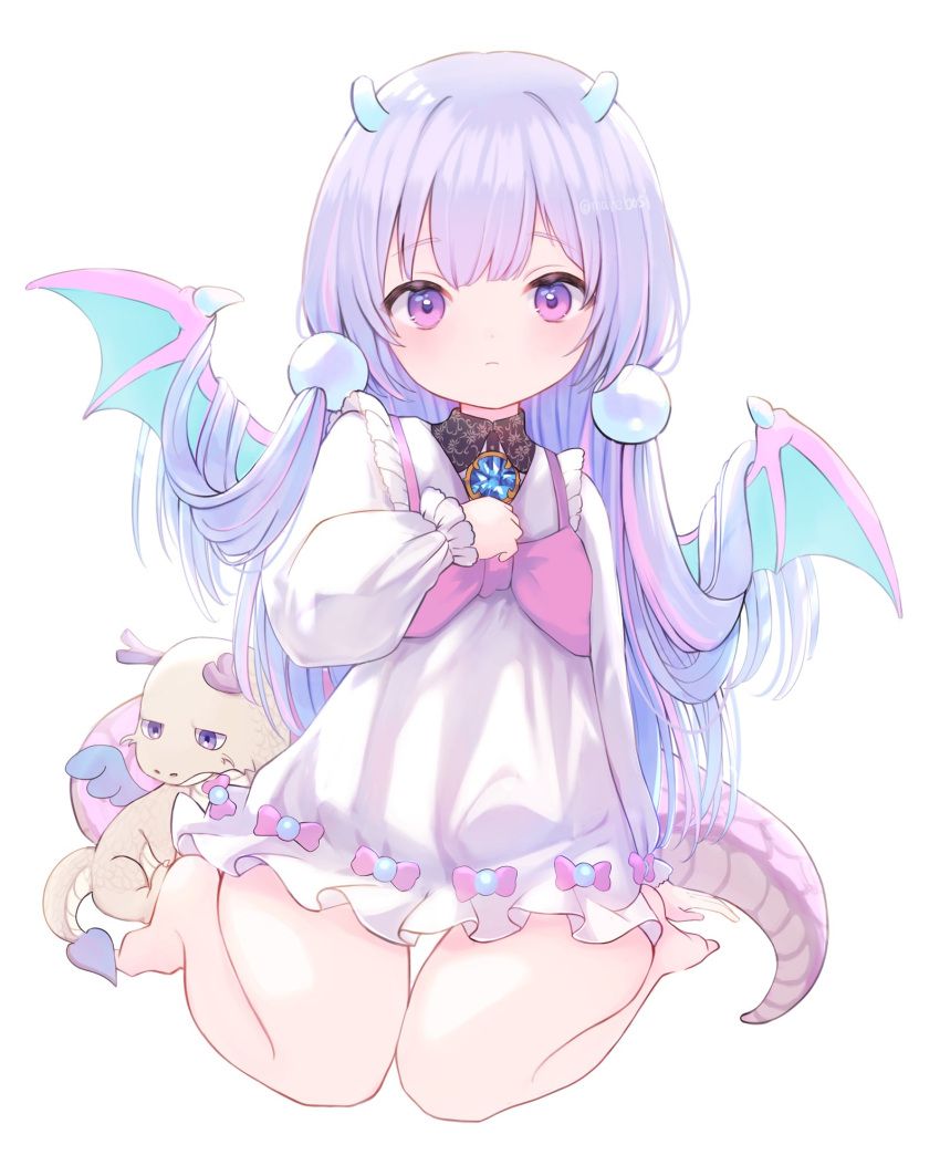 1girl arm_support bare_legs barefoot brooch child commentary_request dragon_girl dragon_horns dragon_tail dragon_wings dress frown full_body highres horns jewelry long_hair looking_at_viewer marekamico original purple_eyes purple_hair simple_background stuffed_animal stuffed_dragon stuffed_toy tail white_background white_dress wings