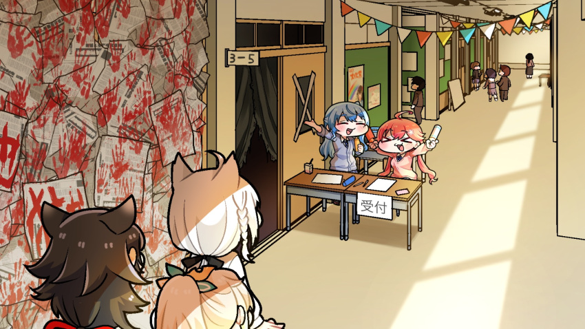 &gt;_&lt; 35p_(sakura_miko) ahoge animal_ears black_hair blonde_hair blue_bow blue_bowtie blue_hair bow bowtie braid brown_hair cardigan chair closed_eyes commentary_request curtains desk fox_ears fox_girl grey_cardigan hair_ornament hairclip highres hololive hoshimachi_suisei juice_box kazama_iroha komainu_channel low_twintails one_side_up ookami_mio open_mouth paper pink_hair pink_sweater ponytail poster_(object) sakura_miko school_chair school_desk school_uniform shirakami_fubuki side_braid sitting smile sweater tokino_sora torn_curtains twintails virtual_youtuber white_hair wolf_ears wolf_girl