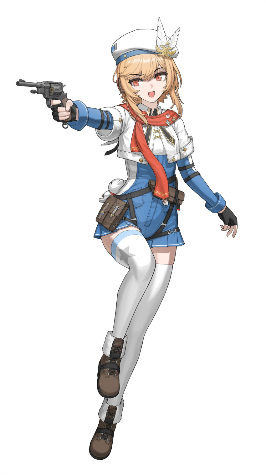 1girl absurdres aiming beret black_gloves black_neckerchief blonde_hair blue_jumpsuit boots breasts brown_footwear cheogtanbyeong finger_on_trigger fingerless_gloves full_body girls'_frontline girls'_frontline_2:_exilium gloves gun hand_up hat hat_feather headphones highres jumpsuit leg_up long_sleeves medium_hair nagant_m1895 nagant_revolver_(girls'_frontline) neckerchief open_mouth pouch red_eyes red_scarf revolver scarf short_jumpsuit sidelocks small_breasts solo star_(symbol) stuffed_toy thighhighs two-tone_jumpsuit weapon white_headwear white_thighhighs
