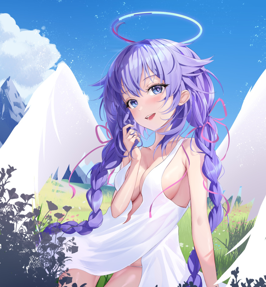 1girl absurdres angel_wings areluna arm_support armpit_crease blue_eyes blue_sky braid breasts choujigen_game_neptune cleavage cloud collarbone commentary dress english_commentary feathered_wings feet_out_of_frame flower four_goddesses_online:_cyber_dimension_neptune grass hair_ribbon halo highres light_blush looking_at_viewer medium_breasts messy_hair mountain neptune_(series) open_mouth panties pink_ribbon playing_with_own_hair plunging_neckline purple_hair purple_heart_(neptunia) ribbon shadow sideboob sky solo string_panties teeth thigh_gap twin_braids underwear upper_body upper_teeth_only white_dress white_panties wings