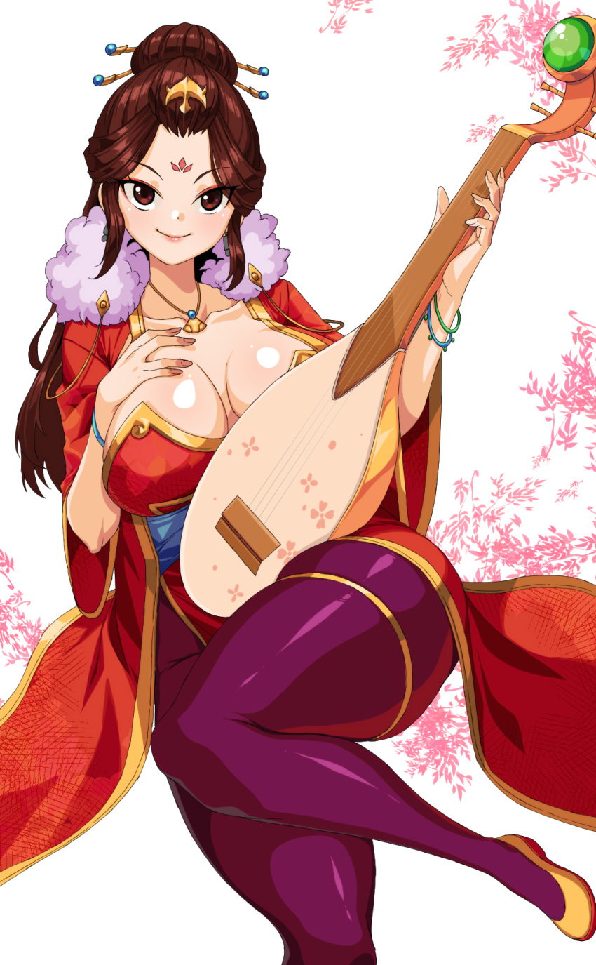 1girl bracelet brown_hair closed_mouth commission commissioner_upload eyeshadow facial_mark forehead_mark fu_yaoqin_(hero's_adventure_road_of_passion) hair_bun hands_on_own_breasts hero's_adventure_road_of_passion highres instrument jewelry long_hair lute_(instrument) makeup mature_female necklace needle non-web_source pantyhose pixiv_commission purple_pantyhose rantia smile solo thick_thighs thighlet thighs yellow_footwear