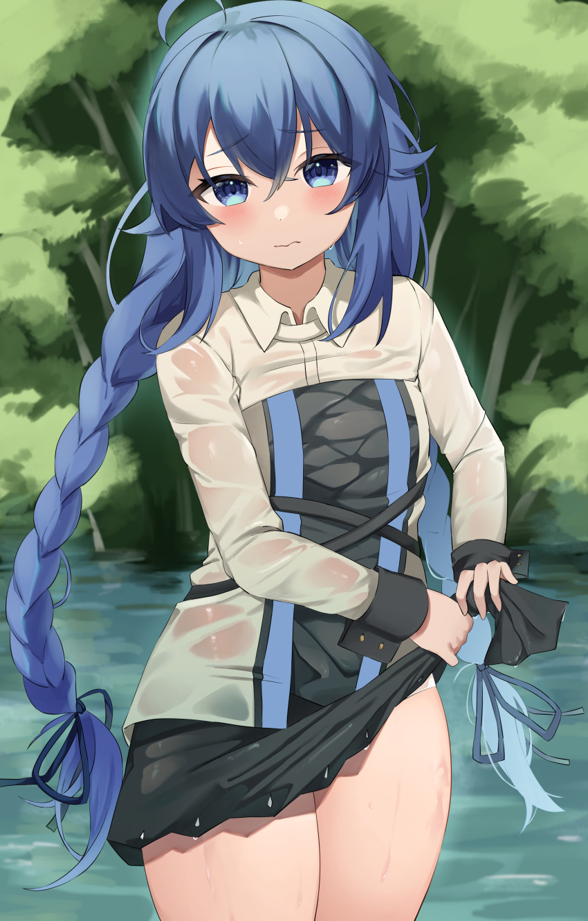 1girl absurdres ahoge black_dress blue_eyes blue_hair blue_ribbon braid capelet dress empty_(mn3k_yo) eyebrows_hidden_by_hair feet_out_of_frame flat_chest forest hair_between_eyes hair_ribbon highres jacket lake light_blush long_hair looking_at_viewer mushoku_tensei nature panties panty_peek ribbon roxy_migurdia skirt solo thighs twin_braids underwear very_long_hair wavy_mouth wet wet_clothes white_capelet white_jacket wringing_clothes wringing_skirt