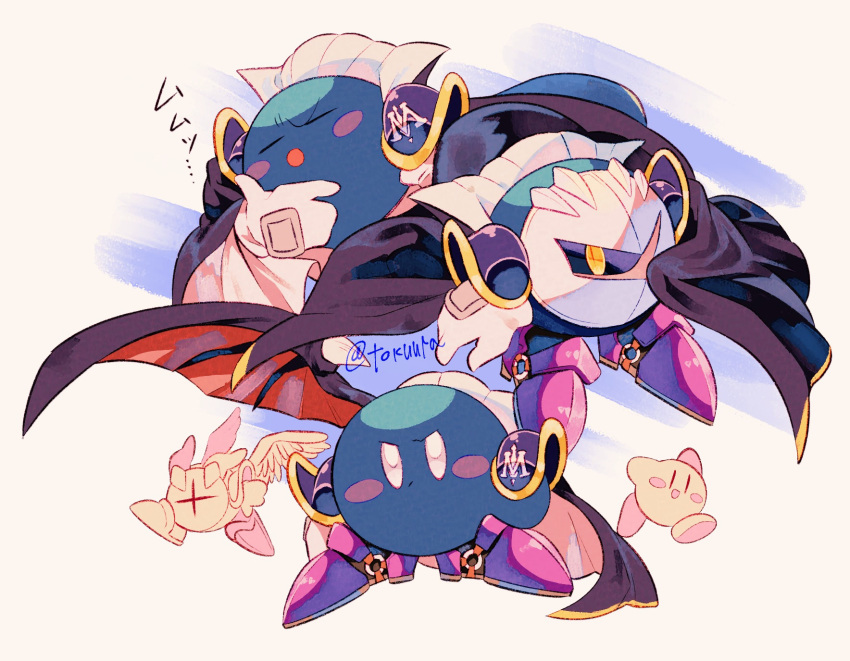 :d :o armor armored_boots arms_up artist_name black_cape black_wings blue_background blush blush_stickers boots cape closed_eyes closed_mouth commentary_request feathered_wings galacta_knight gloves hand_on_own_chin hand_up highres horns kirby kirby_(series) looking_at_viewer mask meta_knight multiple_views open_mouth pauldrons purple_footwear running shoulder_armor simple_background single_wing smile spiked_wings spikes tokuura twitter_username v-shaped_eyebrows white_background white_eyes white_gloves wings yellow_eyes