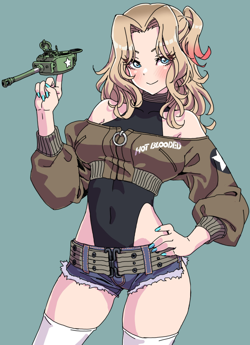 1girl absurdres alternate_costume bare_shoulders black_leotard blonde_hair blue_eyes blue_shorts closed_mouth commentary_request contrapposto covered_navel cowboy_shot cropped_jacket denim denim_shorts girls_und_panzer green_jacket grey_background hand_on_own_hip hand_up highres index_finger_raised jacket kay_(girls_und_panzer) leotard long_sleeves looking_at_viewer medium_hair o-ring off-shoulder_jacket off_shoulder one_side_up parted_bangs puffy_long_sleeves puffy_sleeves short_shorts shorts simple_background sleeveless_turtleneck_leotard smile solo thick_thighs thighhighs thighs white_thighhighs yamashita_shun'ya