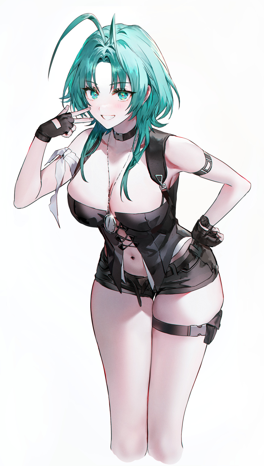 1girl absurdres antenna_hair black_choker black_gloves black_shorts blush breasts choker cleavage clenched_teeth clock fingerless_gloves gloves green_eyes green_hair hand_on_own_hip highres large_breasts mantis_(path_to_nowhere) medium_hair muaooooo navel path_to_nowhere shorts simple_background smile solo standing teeth thigh_strap thighs white_background