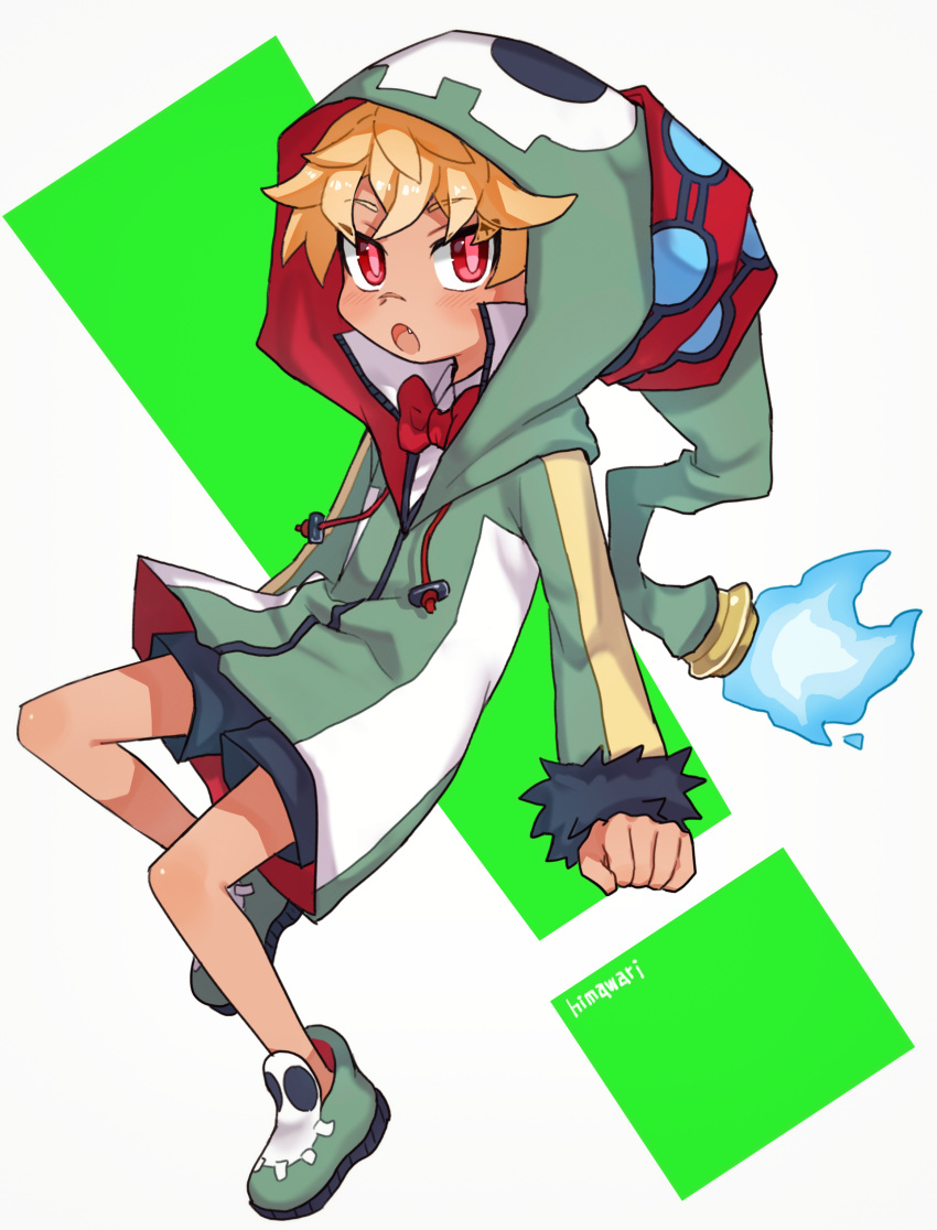 1boy absurdres blonde_hair bow child demon_boy disgaea emizel_(disgaea) green_footwear highres himawari_(kawaisounaedesu) hood hoodie legs makai_senki_disgaea_4 male_focus open_mouth red_bow red_eyes shoes shorts skull_print solo