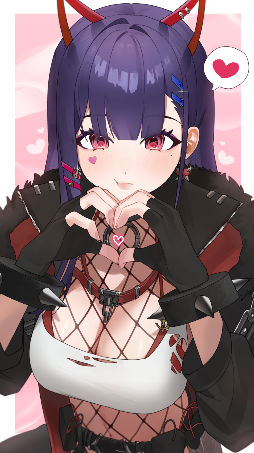 1girl absurdres akuma_nihmune blush bracelet breasts cleavage collar d4kou16 demon_girl demon_horns fingerless_gloves gloves hair_ornament heart heart_hands heart_tattoo highres horns indie_virtual_youtuber jewelry large_breasts long_hair looking_at_viewer mole mole_under_eye navel pout purple_hair red_eyes shirt solo spiked_bracelet spikes spoken_heart tattoo virtual_youtuber