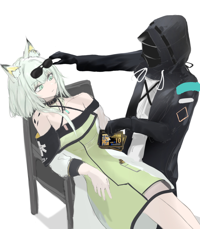1girl 1other animal_ear_fluff animal_ears arknights black_gloves black_jacket chair closed_mouth doctor_(arknights) dress eyewear_lift gloves green_dress green_eyes grey_hair highres holding hood hood_up hooded_jacket jacket kal'tsit_(arknights) lifted_by_another long_sleeves mebe_(teadia_violet) meme on_chair open_clothes open_jacket puffy_long_sleeves puffy_sleeves see-through shirt simple_background sunglasses white_background white_shirt