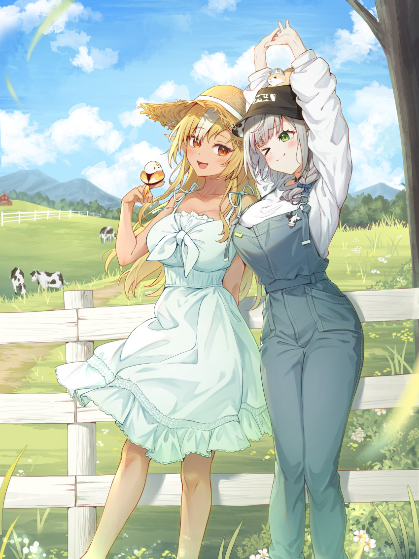 2girls absurdres alternate_costume arms_up bare_shoulders blonde_hair blue_overalls blush braid breasts cleavage collarbone cow dan'in-san_(shirogane_noel) dark-skinned_female dark_skin dress elf elfriend_(shiranui_flare) farm feet_out_of_frame fence grass green_eyes grey_hair hair_over_shoulder hat highres hololive large_breasts leaning_to_the_side long_hair long_sleeves looking_at_viewer multicolored_hair multiple_girls one_eye_closed orange_eyes outdoors overalls pointy_ears shiranui_flare shirogane_noel shirt side-by-side sky smile straw_hat streaked_hair stretching sundress tang-du virtual_youtuber white_dress white_hair white_shirt wooden_fence