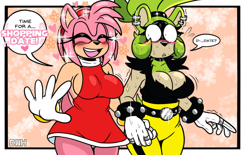 2024 2d_(artwork) accessory afrosoricid amy_rose anthro belt big_breasts blush blush_lines bodily_fluids breasts cleavage clothed clothing cuff_(restraint) curvy_figure darkwolfhybrid dialogue digital_drawing_(artwork) digital_media_(artwork) dress duo ear_piercing ear_ring eulipotyphlan eyes_closed female female/female fur gloves green_body green_fur handwear headband hedgehog hi_res idw_publishing mammal panties piercing pink_body pink_fur red_clothing red_dress restraints ring_piercing romantic romantic_couple sega shirt sonic_the_hedgehog_(comics) sonic_the_hedgehog_(idw) sonic_the_hedgehog_(series) surge_the_tenrec surprised_expression sweat sweatdrop sweatpants tenrec topwear torn_clothing torn_shirt torn_topwear underwear voluptuous white_clothing white_panties white_underwear worried wrist_cuffs wristband