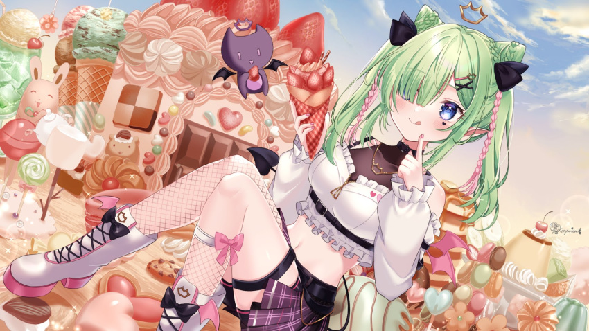 1girl airi_viridis artist_name asymmetrical_legwear bare_shoulders belt black_belt black_ribbon black_shorts blue_eyes blush bow braid breasts cake candy cherry chocolate chocolate_chip_cookie choker cloud commission cookie creature crepe crown demon demon_tail demon_wings dessert double_bun fishnets food frilled_sleeves frills fruit green_hair hair_bun hair_over_one_eye hair_ribbon heart heart_choker heart_tattoo highres holding holding_food ice ice_cream ice_cream_cone ice_cream_float ice_cube jewelry kompeitou_(lemon_garden) lens_flare lollipop macaron marshmallow medium_breasts midriff multicolored_hair navel necklace pancake pancake_stack pink_bow pink_hair plaid plaid_skirt pleated_skirt pointy_ears pudding purple_skirt ribbon shorts sitting skeb_commission skirt sky solo strawberry tail tattoo teapot thigh_strap tongue tongue_out twin_braids twintails v-dere virtual_youtuber white_footwear wings