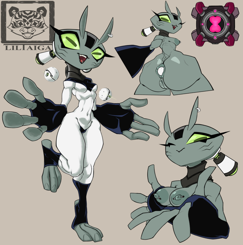 absurd_res alien alien_humanoid antennae_(anatomy) areola ben_10 big_butt big_hands bodysuit breasts butt cartoon_network clothed clothing eyelashes facial_markings female galvan_(ben_10) genitals green_areola green_eyes green_nipples green_sclera grey_background grey_body grey_matter head_markings hi_res horizontal_pupils huge_butt humanoid liltaiga4 looking_at_viewer looking_back markings navel_outline nipple_piercing nipples nude object_in_ass on_one_leg one_eye_closed open_mouth open_smile piercing presenting presenting_breasts pupils pussy rear_view simple_background skinsuit small_breasts smile solo standing thick_thighs tight_clothing white_bodysuit white_skinsuit wide_hips wink winking_at_viewer