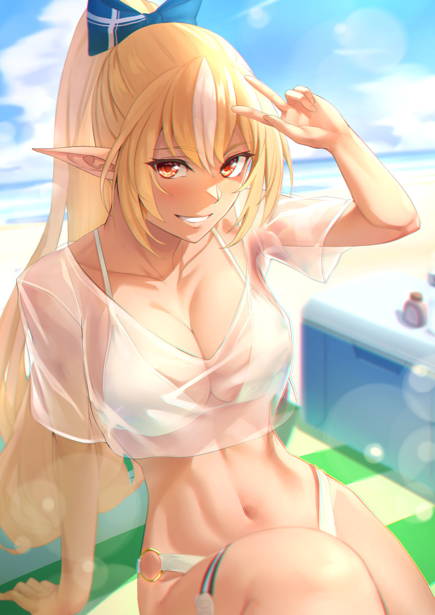 1girl absurdres arm_support beach bikini blonde_hair blue_bow blue_sky bow breasts cleavage collarbone commentary cropped_shirt dark-skinned_female dark_skin day elf hair_bow high_ponytail highres hololive large_breasts lens_flare long_hair looking_at_viewer multicolored_hair navel o-ring o-ring_bottom outdoors pointy_ears red_eyes see-through see-through_shirt shiranui_flare sitting sky smile solo streaked_hair swimsuit takumi_nosiro v_over_head virtual_youtuber white_bikini white_hair