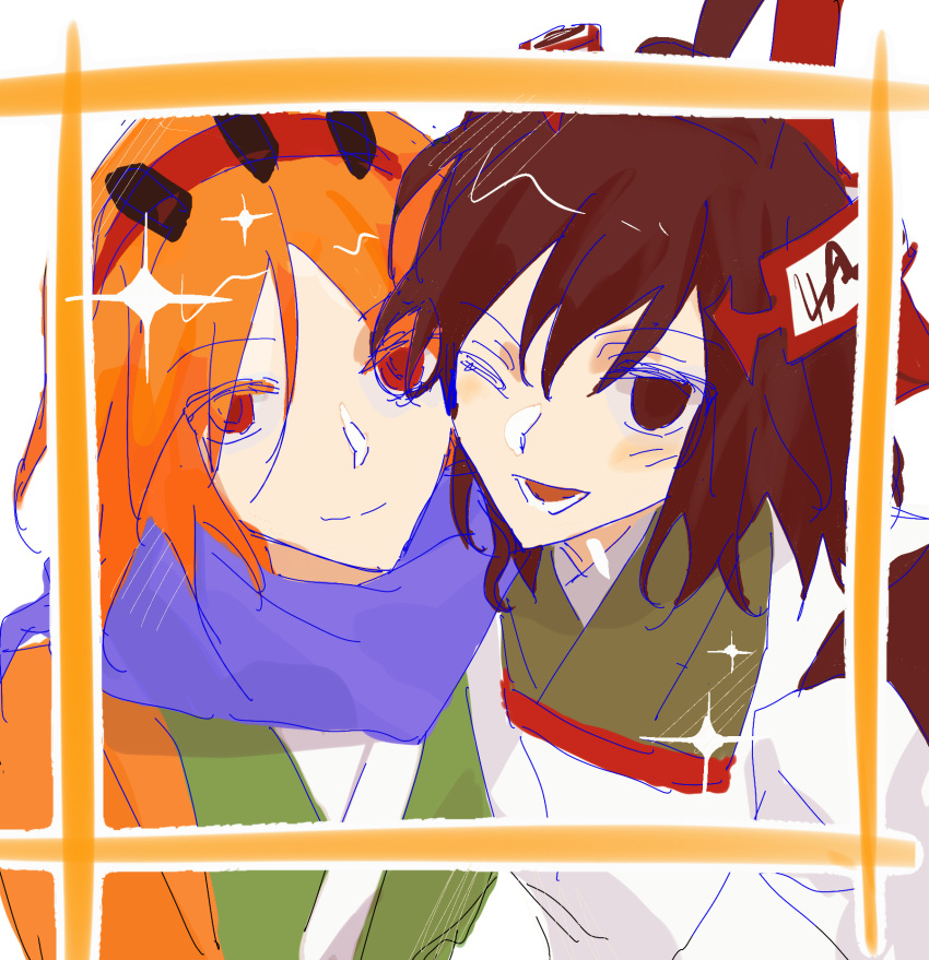 2others alternate_eye_color alternate_hair_color androgynous blue_scarf brown_eyes brown_hair closed_mouth eyes_visible_through_hair fuluola_xiaoyao green_kimono hairband highres japanese_clothes kariginu kimono len'en lower_teeth_only multiple_others one_eye_closed open_mouth orange_hair other_focus red_eyes red_hairband scarf senri_tsurubami short_hair sketch smile teeth zuifeng_tenkai