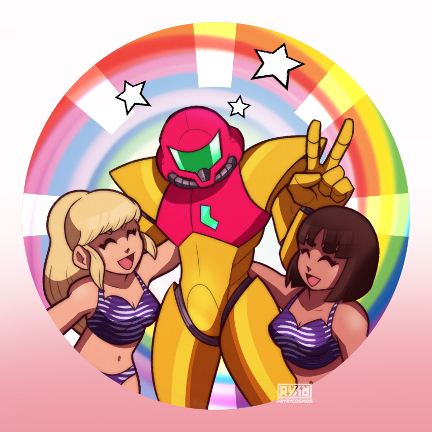 3girls arm_around_waist armor bikini blonde_hair breasts brown_hair helmet highres looking_at_viewer metroid metroid_(classic) multiple_girls navel power_armor power_suit_(metroid) rainbow ryrycosmos samus_aran smile standing stomach striped_bikini striped_clothes swimsuit v