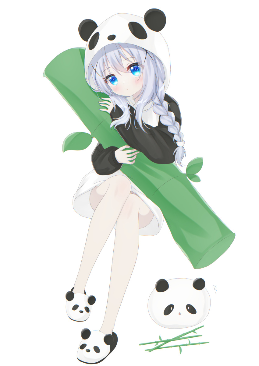 alternate_costume animal_costume blue_eyes braid full_body gochuumon_wa_usagi_desu_ka? highres kafuu_chino long_hair panda_costume side_braid simple_background slippers white_background white_hair yottacc