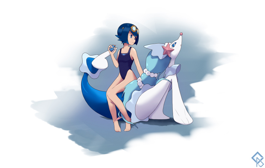 1girl absurdres barefoot blue_eyes blue_hair breasts bright_pupils closed_mouth commentary_request ddddvqs expressionless full_body goggles goggles_on_head highres holding holding_poke_ball knees_together_feet_apart lana_(pokemon) looking_to_the_side net_ball one-piece_swimsuit poke_ball pokemon pokemon_(anime) pokemon_(creature) pokemon_sm pokemon_sm_(anime) primarina short_hair sitting swimsuit toes white_pupils