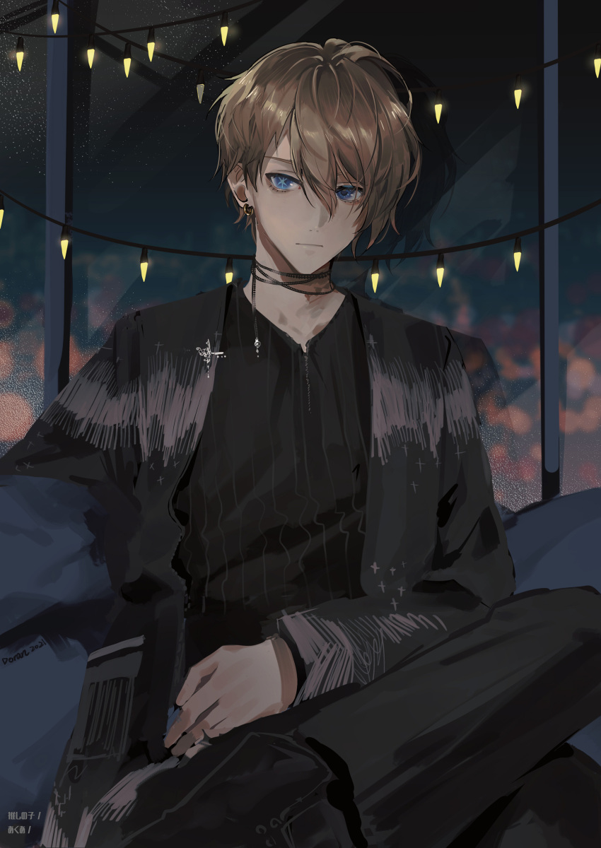 1boy absurdres asymmetrical_hair black_pants black_shirt blonde_hair blue_eyes character_name choker copyright_name crossed_legs doran_(doran7280) highres hoshino_aquamarine indoors looking_to_the_side male_focus night oshi_no_ko pants pinstripe_pattern shirt short_hair sitting solo star-shaped_pupils star_(symbol) string_lights symbol-shaped_pupils window