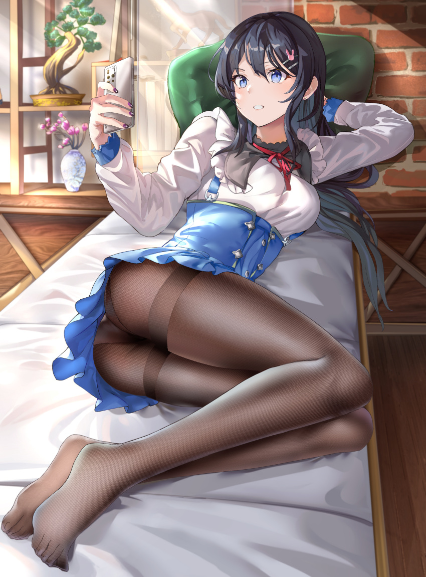 1girl absurdres arm_behind_head ass bed_sheet black_hair blue_eyes blue_skirt bonsai breasts brown_pantyhose cellphone commentary_request flower frilled_skirt frills full_body hair_ornament hairclip highres holding holding_phone indoors long_hair looking_at_viewer lying medium_breasts mosta_(lo1777789) nail_polish neck_ribbon no_shoes on_side pantyhose phone pillow pink_flower purple_nails rabbit_hair_ornament red_ribbon ribbon sakurajima_mai seishun_buta_yarou shirt skirt smile solo thighband_pantyhose vase very_long_hair white_shirt