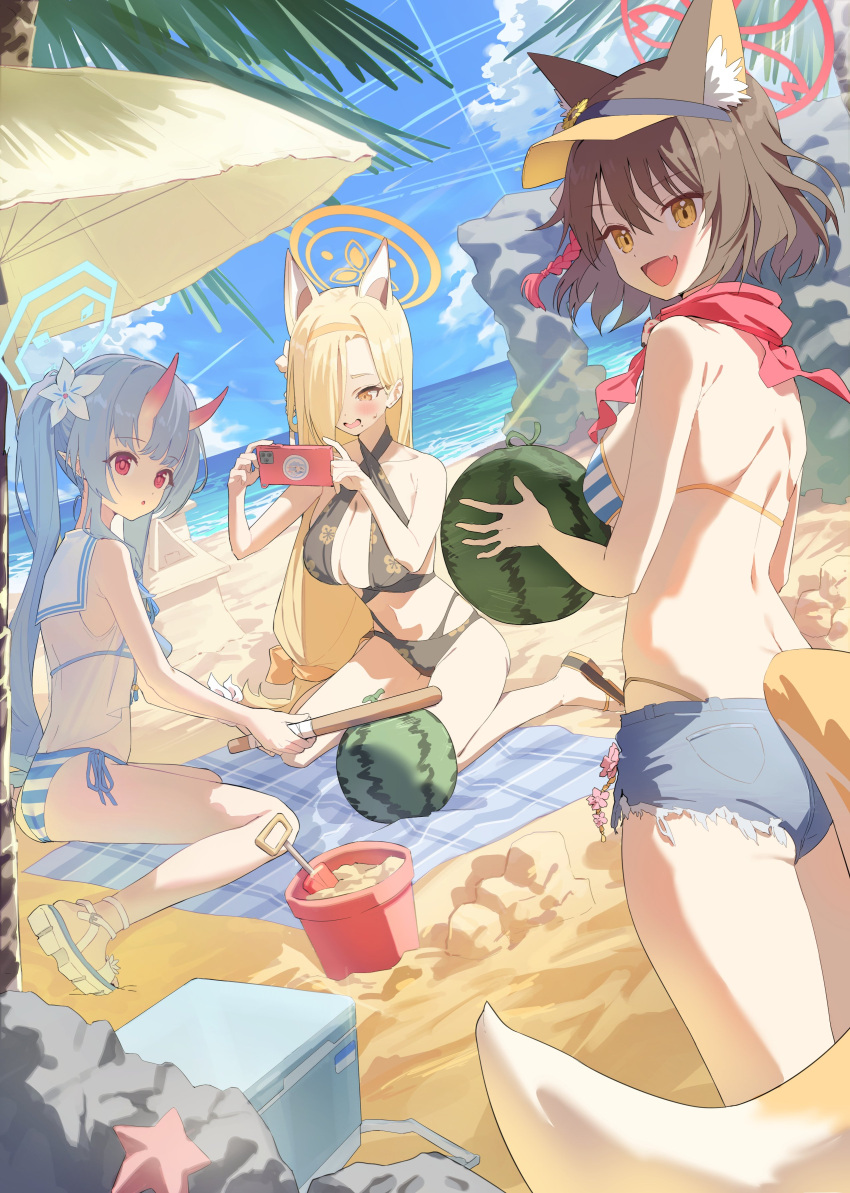3girls absurdres animal_ears applepie_(12711019) ass bare_arms bare_legs bare_shoulders beach bikini black_bikini blonde_hair blue_archive blue_hair blue_halo blue_shorts blush breasts brown_hair bucket cellphone chise_(blue_archive) chise_(swimsuit)_(blue_archive) cleavage day denim denim_shorts extra_ears fang flower food fox_ears fox_tail fruit hair_flower hair_ornament hair_over_one_eye halo highres holding holding_phone horns izuna_(blue_archive) izuna_(swimsuit)_(blue_archive) kaho_(blue_archive) large_breasts long_hair multiple_girls ocean official_alternate_costume open_mouth outdoors palm_leaf parted_lips phone pink_halo ponytail red_eyes red_horns red_scarf scarf short_hair shorts side_ponytail skin_fang small_breasts smartphone smile striped_bikini striped_clothes swimsuit tail water watermelon white_flower yellow_eyes yellow_halo