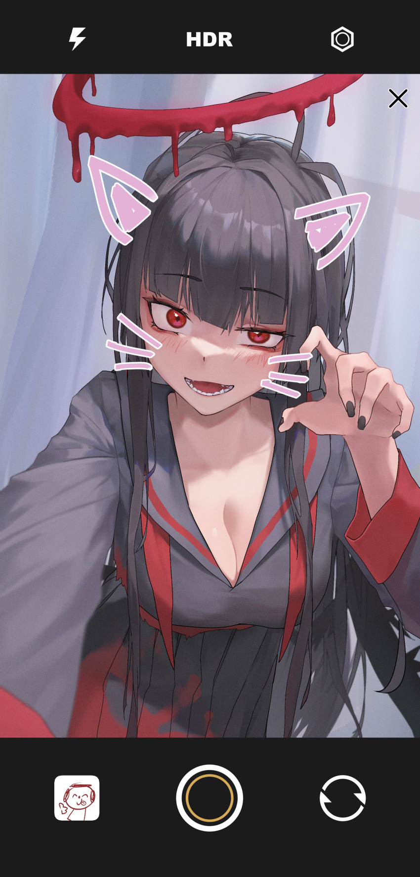 1girl 20cnanmin absurdres animal_ears black_hair black_nails black_sailor_collar black_serafuku black_skirt blue_archive blush breasts cat_ears cleavage doodle_sensei_(blue_archive) fake_animal_ears fake_phone_screenshot fake_screenshot fingernails halo highres large_breasts long_hair long_sleeves looking_at_viewer melting_halo nail_polish neckerchief open_mouth pleated_skirt red_eyes red_halo red_neckerchief sailor_collar school_uniform sensei_(blue_archive) serafuku skirt smile solo tsurugi_(blue_archive) undone_neckerchief